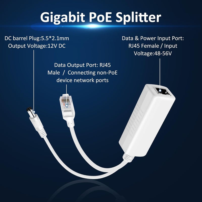 Tliffpaco 2-Pack Gigabit PoE Splitter 12V 2A Output with IEEE 802.3af/at Standard Compliant, Power Over Ethernet Splitter Adapte for Security Camera, AP, Voip, 5.5x2.1mm DC Plug - Image 2